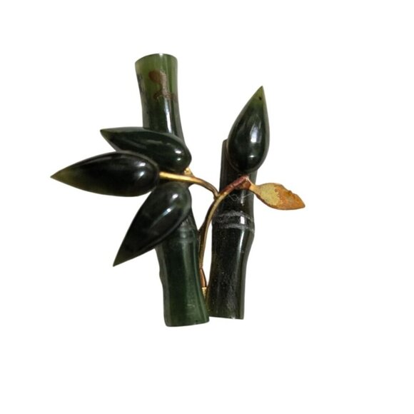 Vintage  bamboo Carved Nephrite Jade branch & leaves gold tone brooch/pin - Picture 6 of 7